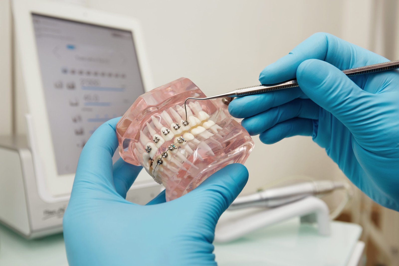 Dentist demonstrating teeth braces on a dental model – Apollo Dental Clinic, expert orthodontist for Teeth Braces & Aligners in Kolkata.